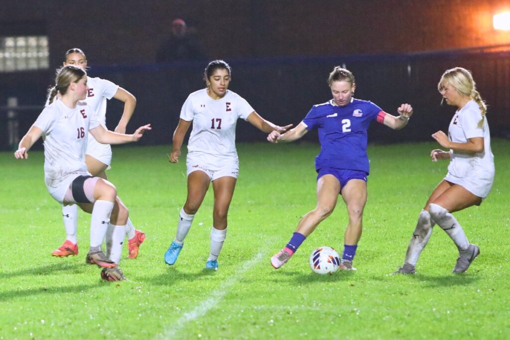 P.K. Yonge's Faith Hardy (2) surrounded by defenders against the Episcopal School of Jacksonville. Photo by C.J. Gish