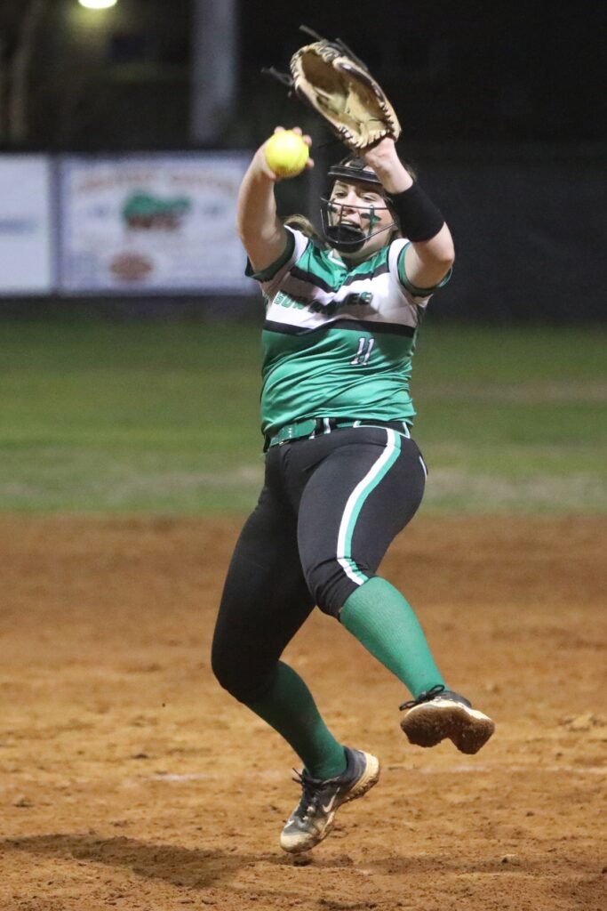Suwannee's Gracie Watley (11) pitched a 5-2 win over Gainesville. Photo by C.J. Gish