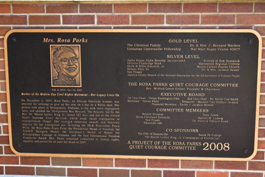 The commemorating plaque honoring Rosa Parks at the transit depot named for her.