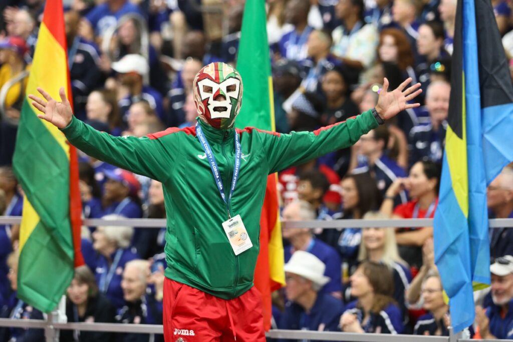 A member of Team Mexico dressed as a luchador during the Parade of Nations.