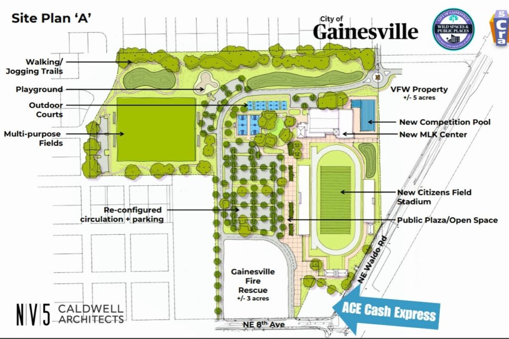 A potential redesign of the Citizens Field complex shows the MLK Jr. Multipurpose Center moving closer to the VFW property with a roundabout on the northern boundary.