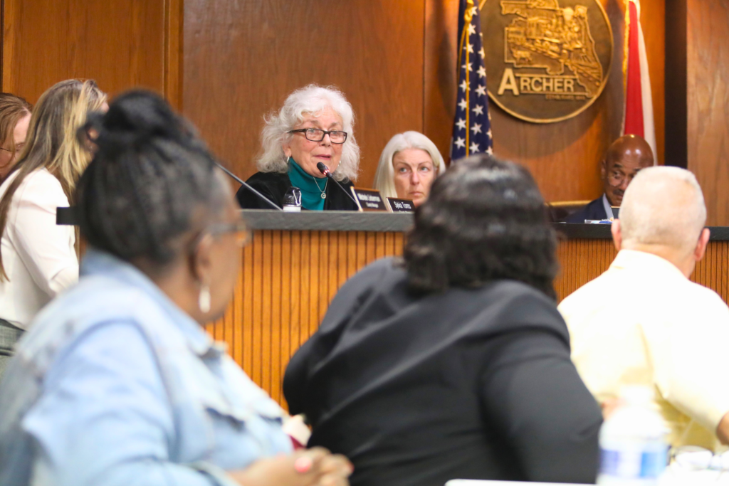 Alachua County Commissioner Marihelen Wheeler speaks to the Archer commissioners at a joint meeting. Photo by Seth Johnson