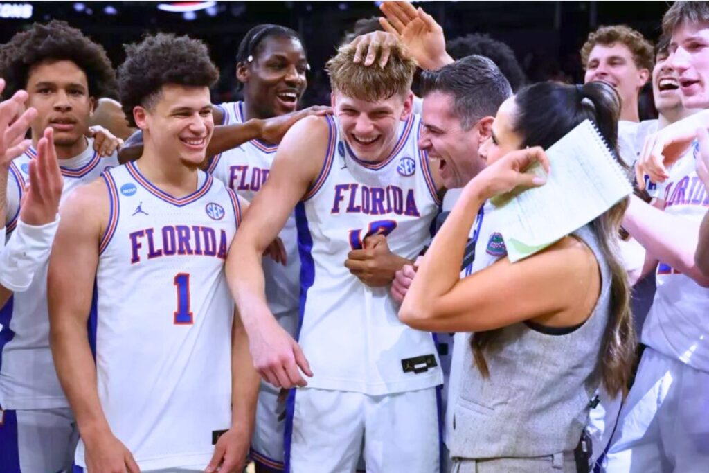 Florida celebrates after its win over Texas Tech in the Elite Eight on Saturday. Photo by Maddie Washburn-UAA Communications