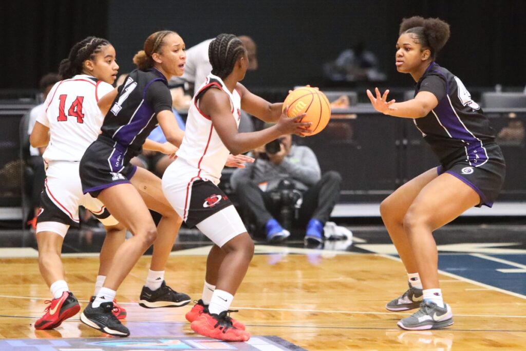 Gainesville's Jamila Edwards (45) plays defense against Northeast (Oakland Park) in the Class 5A state semifinals. Photo by C.J. Gish