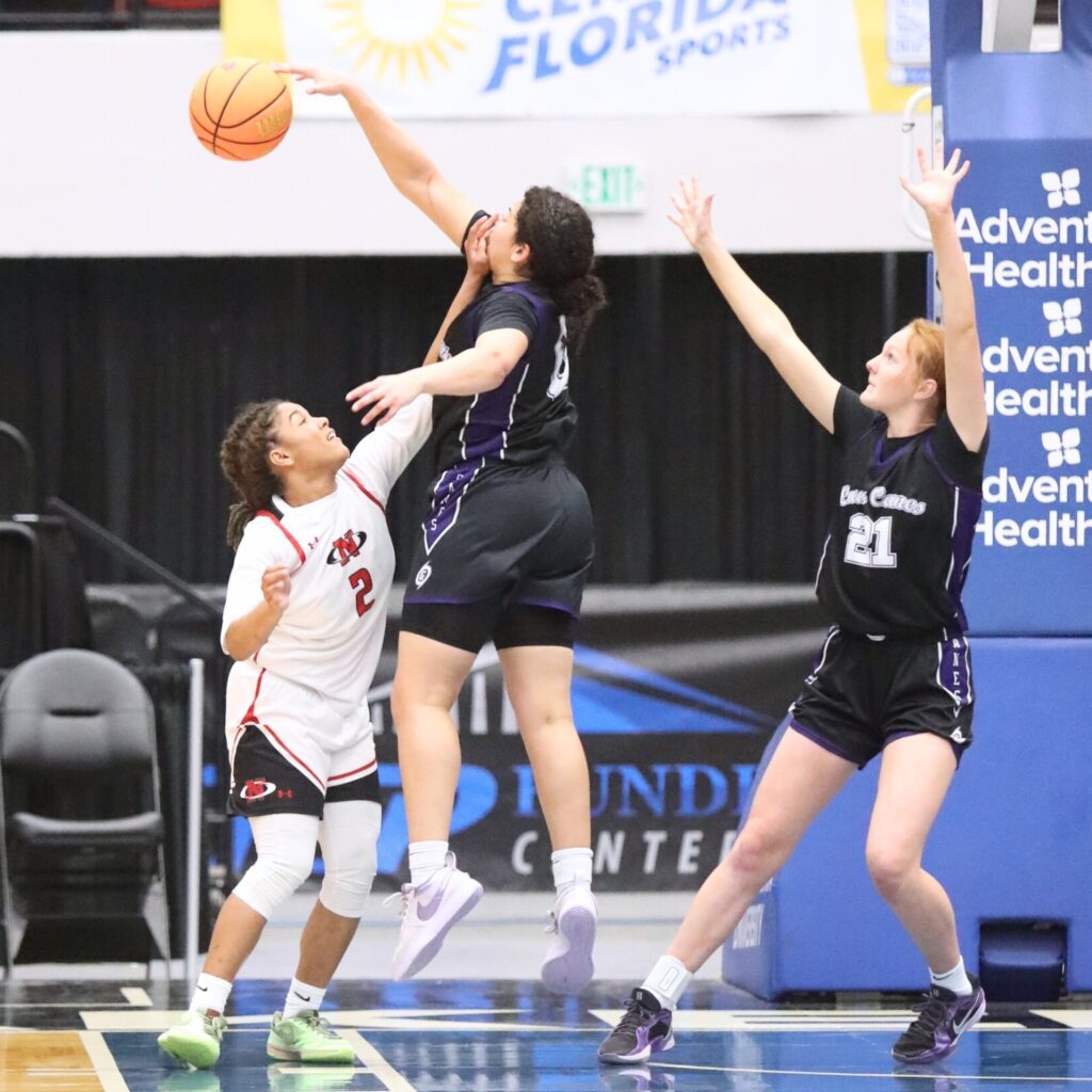 Gainesville's Jamison Cardwell (0) with a blocked shot late in the game against Northeast (Oakland Park) in the Class 5A state semifinals. Photo by C.J. Gish