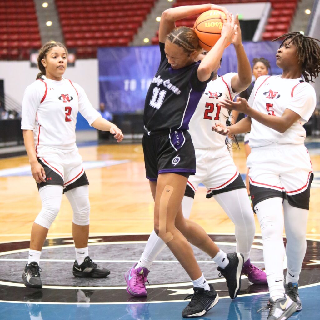 Gainesville's Jayden Terry (11) gets fouled on the way to the basket against Northeast (Oakland Park) in the Class 5A state semifinals.