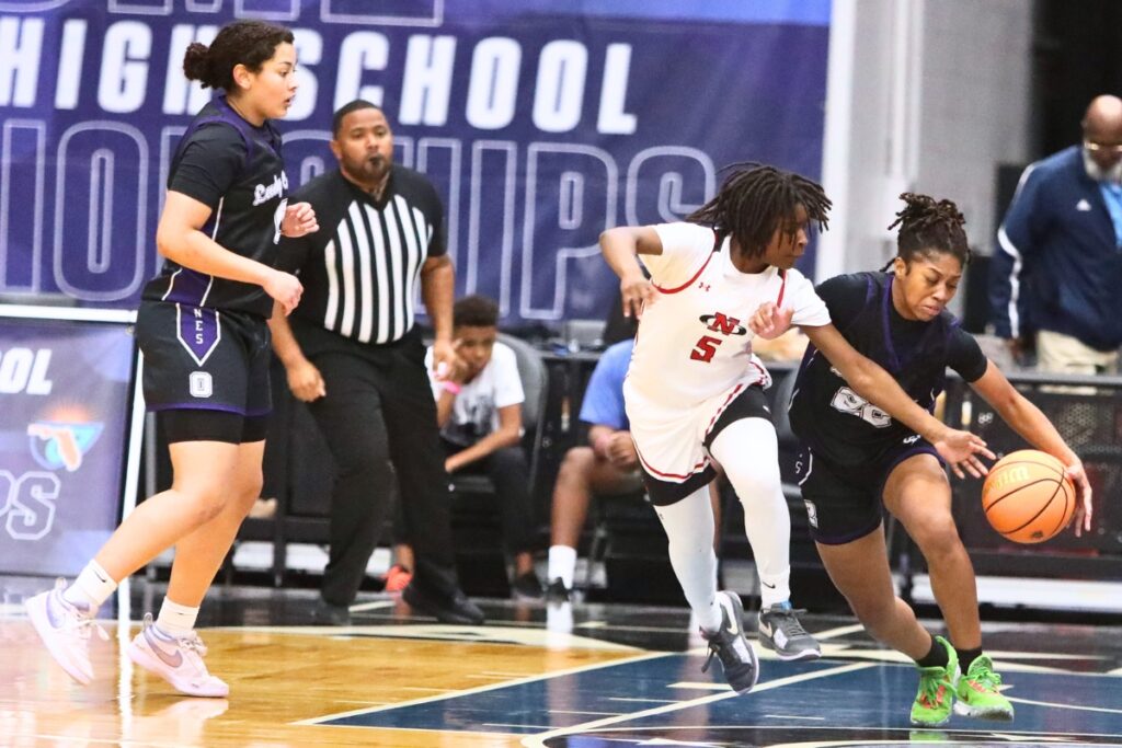 Gainesville's Mayah Gordon (22) brings the ball down the court against Northeast (Oakland Park) in the Class 5A state semifinals. Photo by C.J. Gish