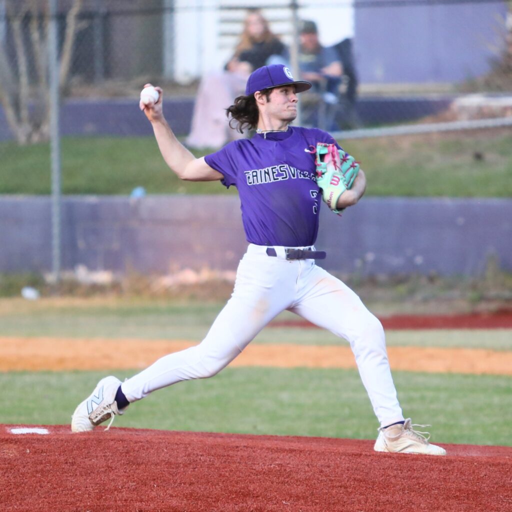 Gainesville's Ty Quinn pitching against Vanguard. Photo by C.J. Gish