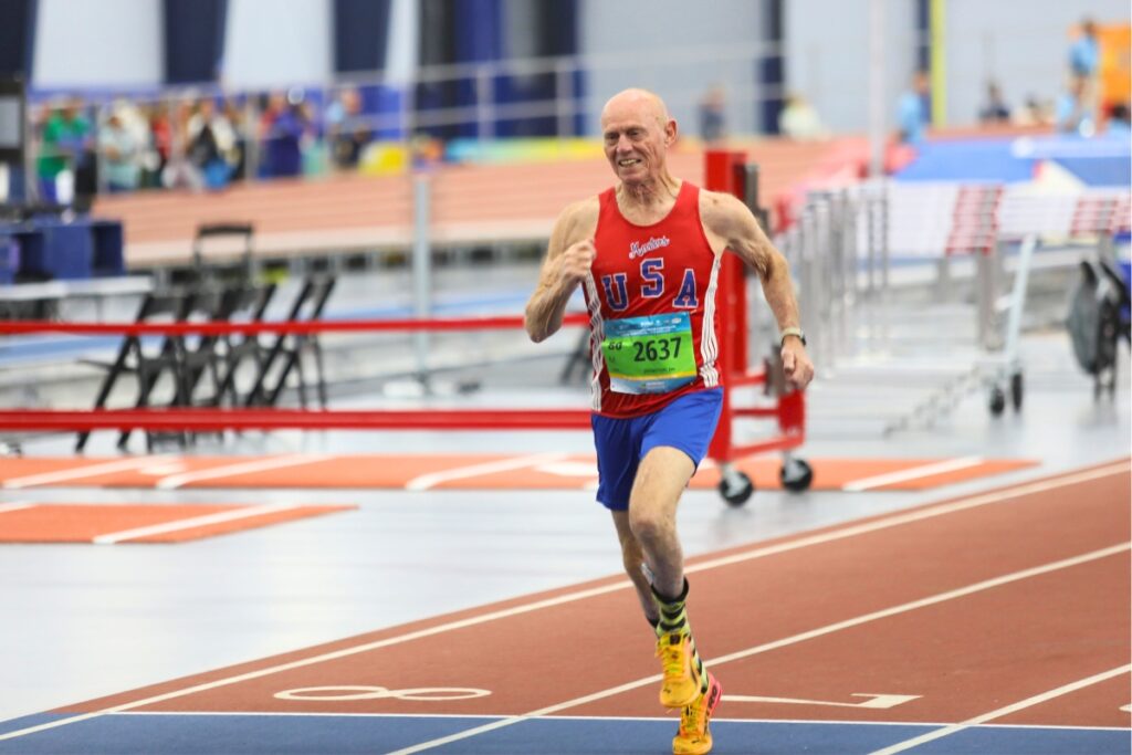 Joe Johnston from Apopka finishes second in his 60-meter heat for men aged 80 to 84.