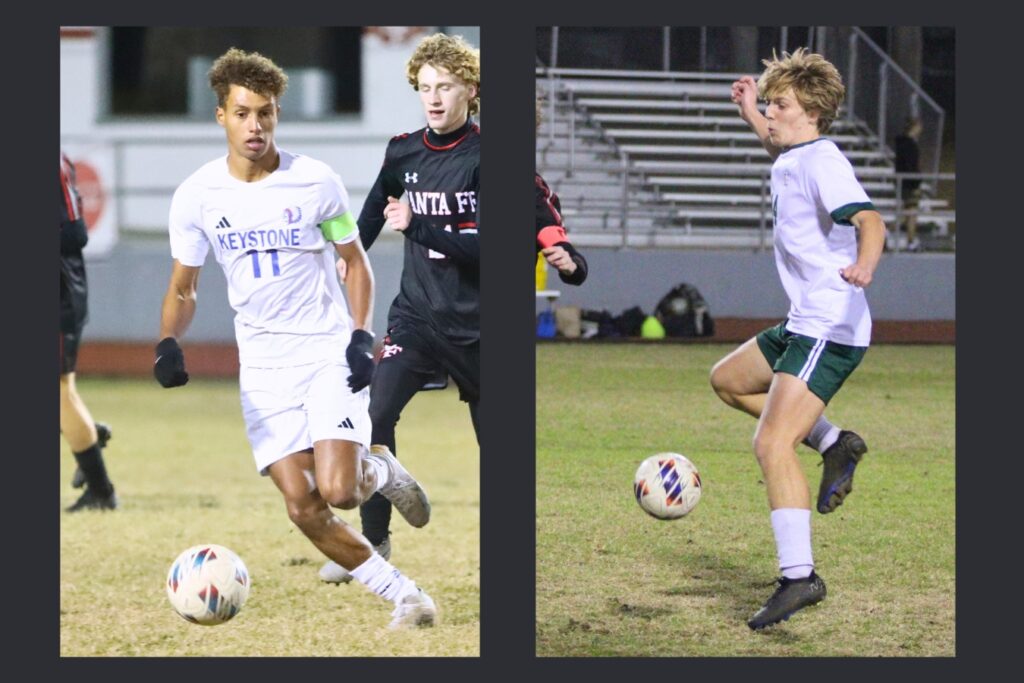 Keystone Heights' Aaron Wiley and Eastside's Jonas Traktuev. Photos by C.J. Gish and Seth Johnson