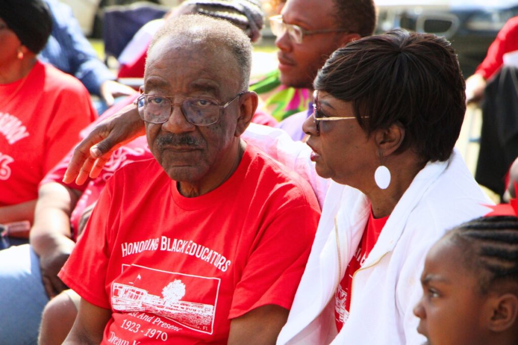 Lincoln High School Memorial Wall visionary Albert White (left) and his wife, Ora, attend the unveiling ceremony. Photo by Lillian Hamman