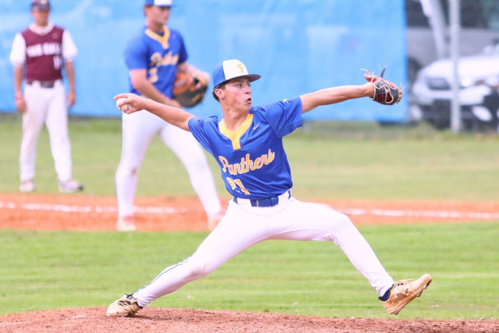 Newberry pitcher Aiden Mathis came in at the top of the second inning against Oak Hall. Photo by C.J. Gish