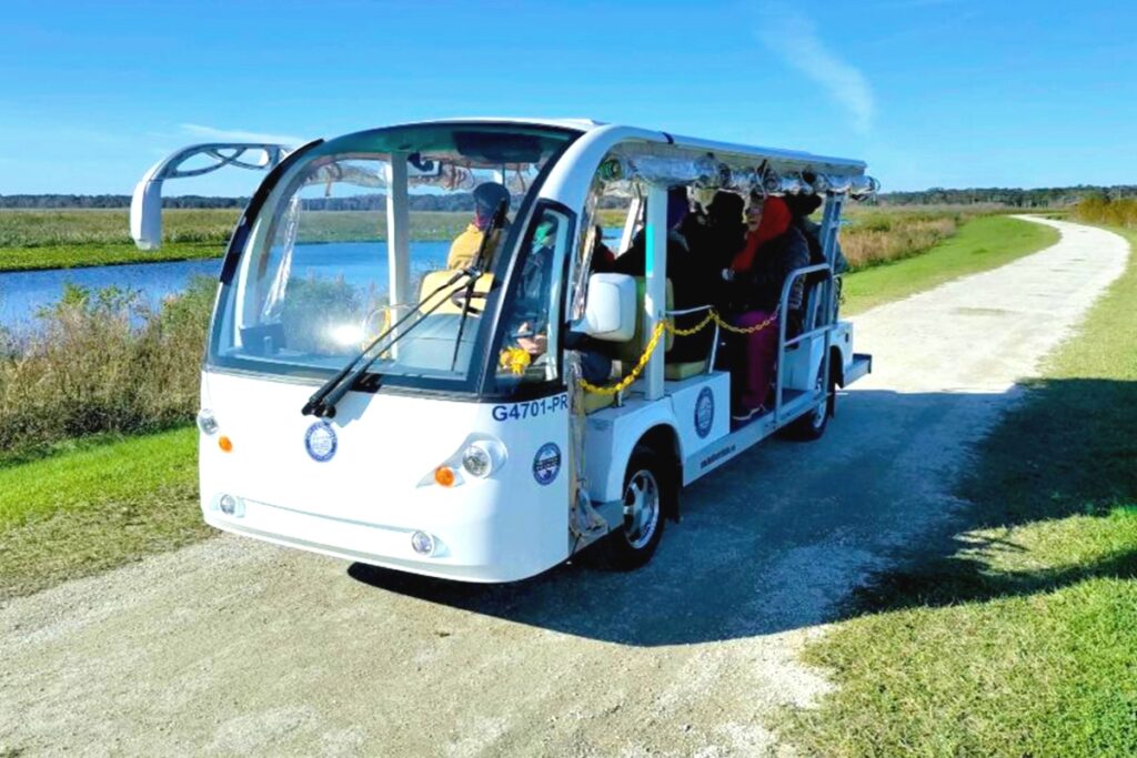 The electric tram at Sweetwater Wetlands Park allows people with mobility issues to experience the park. Courtesy of city of Gainesville