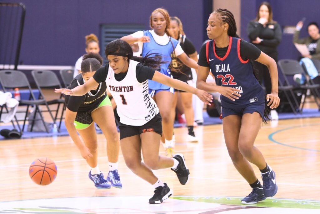 Trenton's Koi Perry goes after a loose ball at The Prep Zone All-Star Showcase. Photo by C.J. Gish