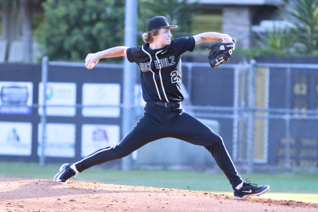 Buchholz's Aidan Kastensmidt (2) improved to 8-0 on the mound after a win over Providence (Jacksonville). Photo by C.J. Gish