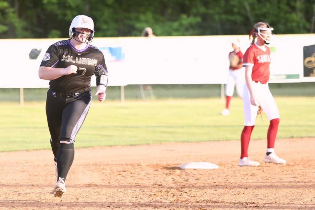 Columbia's Josie Raulerson rounds second base after hitting a grand slam in the bottom of the first inning for a 4-0 lead over Santa Fe. Photo by C.J. Gish