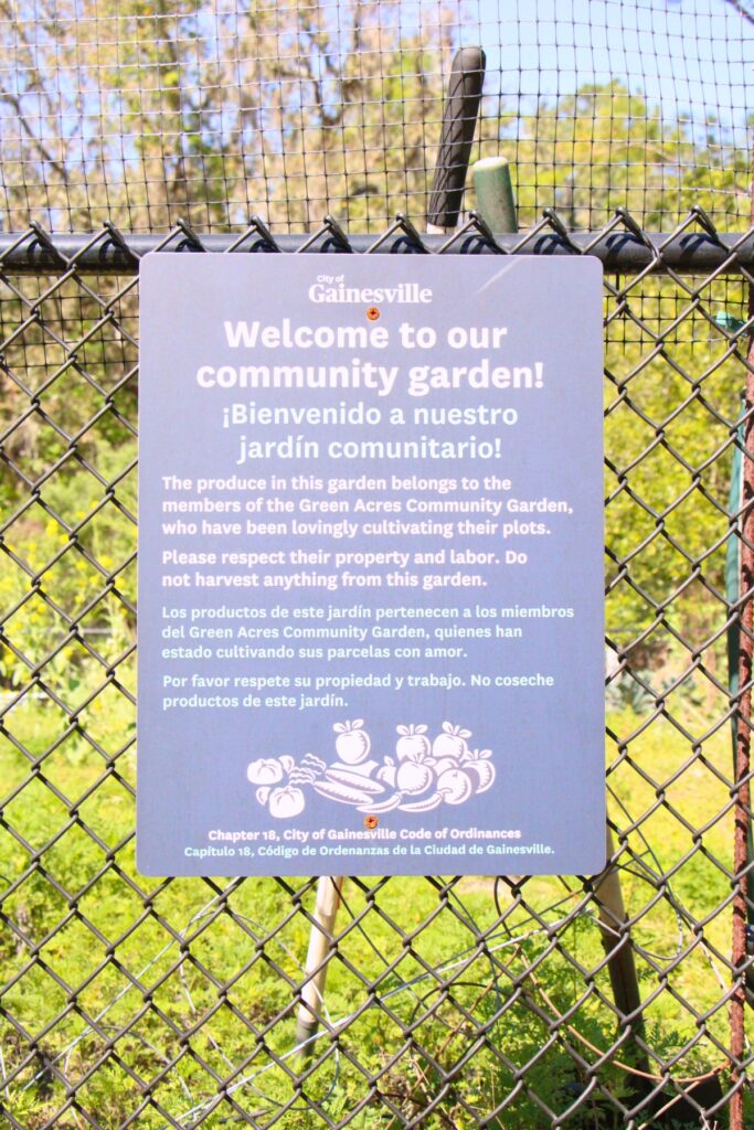 Community garden at Green Acres Park entrance sign. Photo by Lillian Hamman