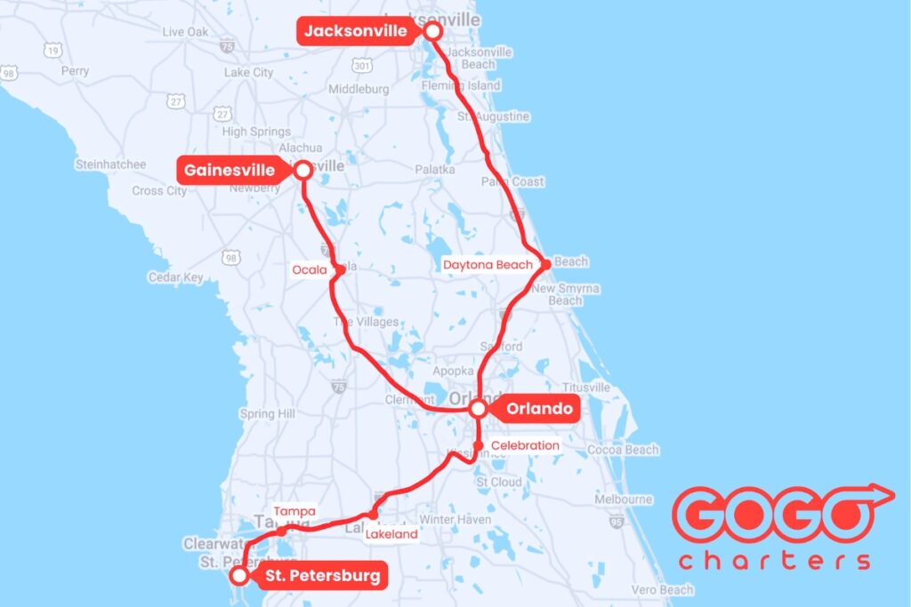 GOGO Charter map with future Florida routes. GOGO Charters