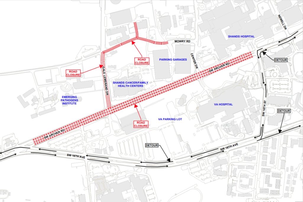 Road closures and detours will occur Saturday and Sunday, April 5-6, while routine pressure tests of the natural gas pipeline will be conducted. Courtesy of GRU