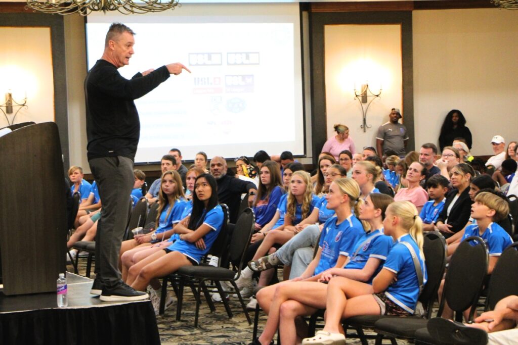 Sean Bubb of Florida League Soccer Academy addresses Gainesville Soccer Academy town hall attendees. Photo by Lillian Hamman