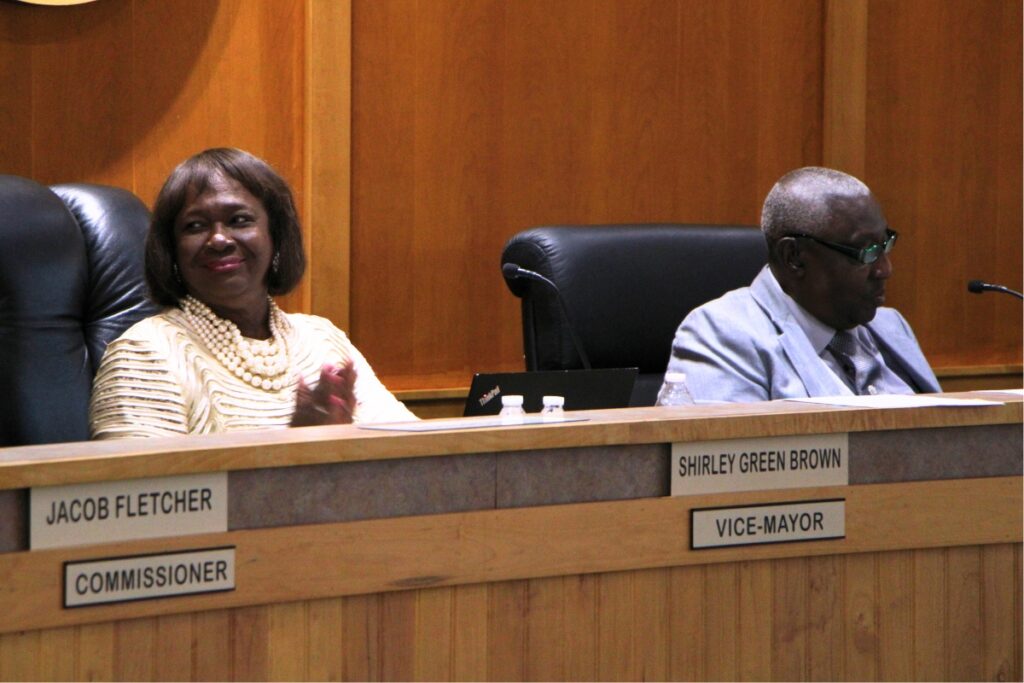 Shirley Green Brown (left) was selected as the new vice mayor at the Alachua City Commission meeting. Photo by Lillian Hamman