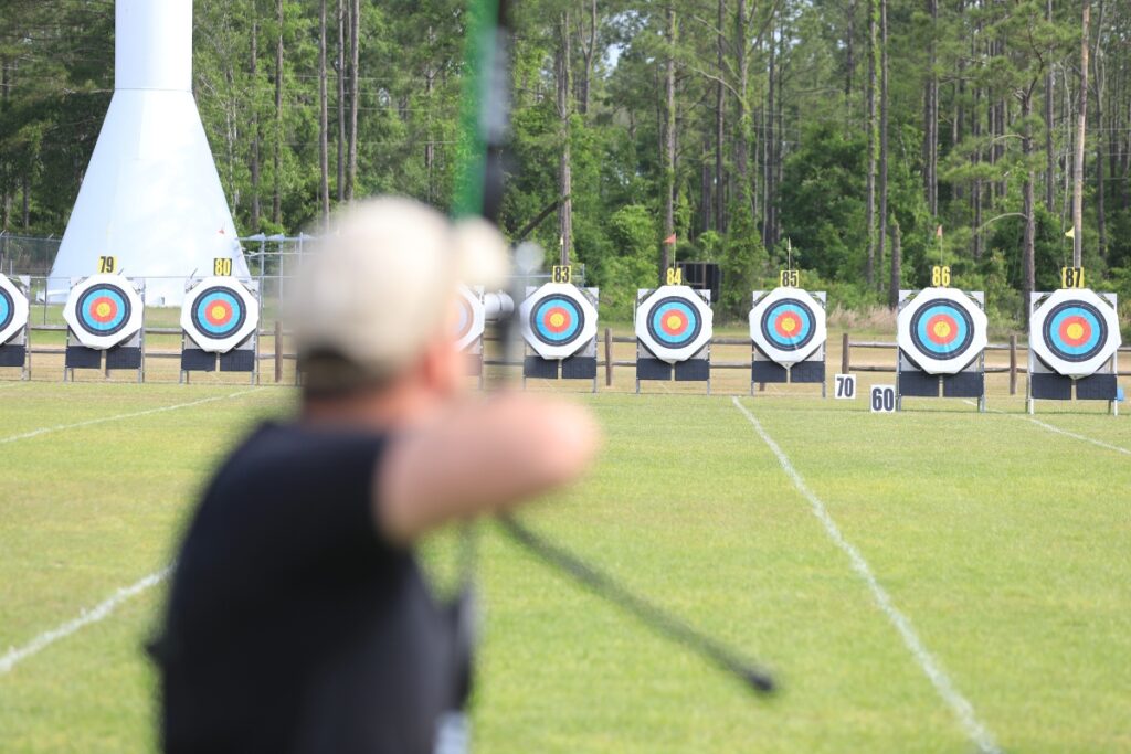 Targets for the recurve men and women divisions are set at 70-meters. 