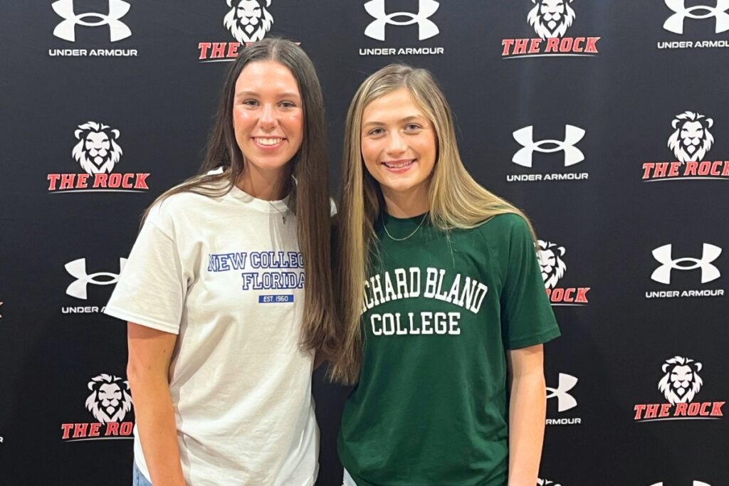 The Rock's Callie West (left) and Audrey Hubbard signed on Wednesday to play basketball at the college level. Photo by Mike Ridaught