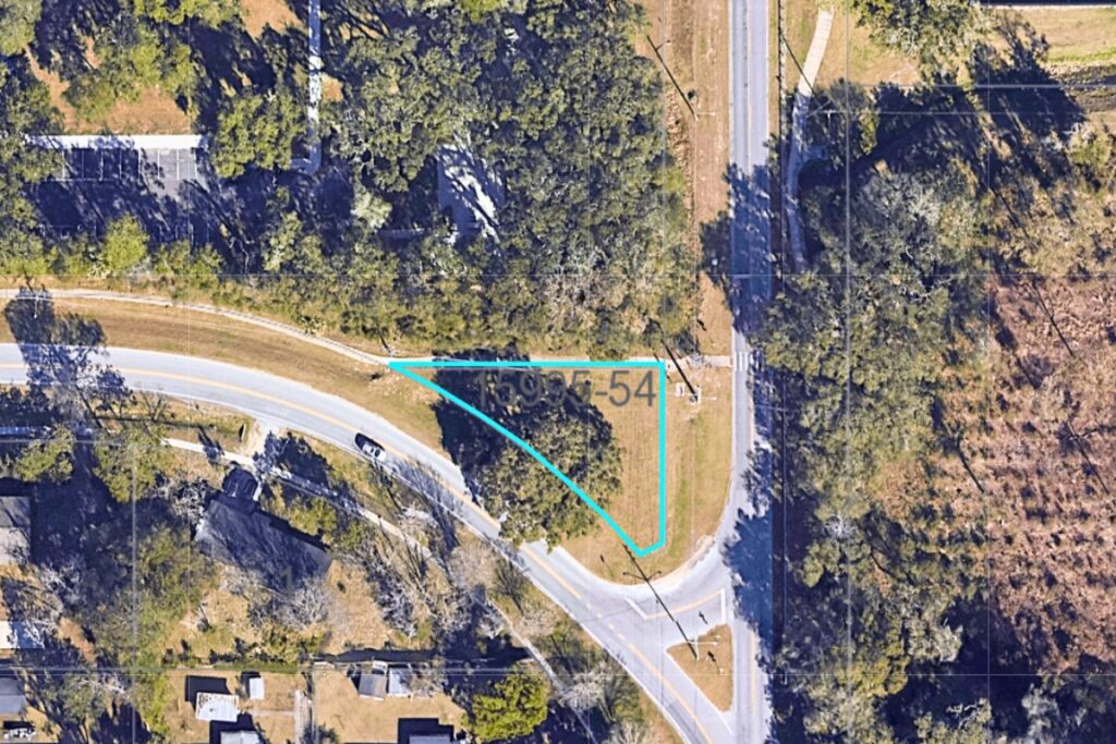The odd-shaped parcel seems to be part of the right-of-way for the two roadways that connect at the property. Courtesy Alachua County