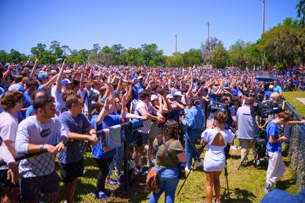 Thousands of Florida Gators fans packed Flavet Field on the UF campus Tuesday to welcome home the 2025 national champion men's basketball team. Photo by Tim Rodriquez