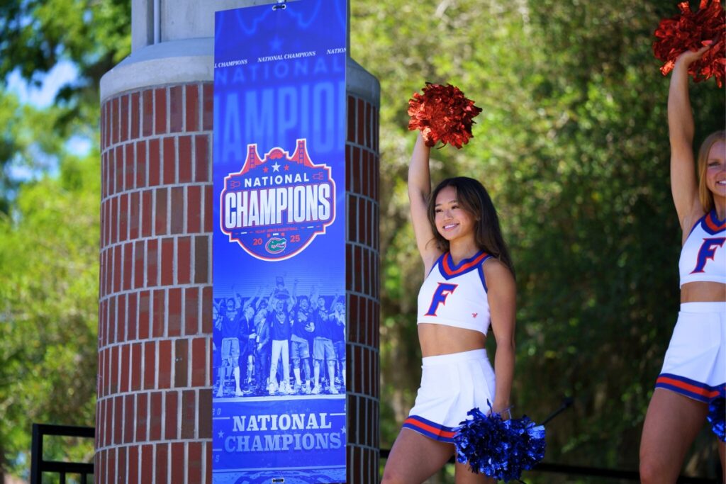 UF cheerleaders at the Welcome Home Rally on Tuesday. Photo by Tim Rodriquez