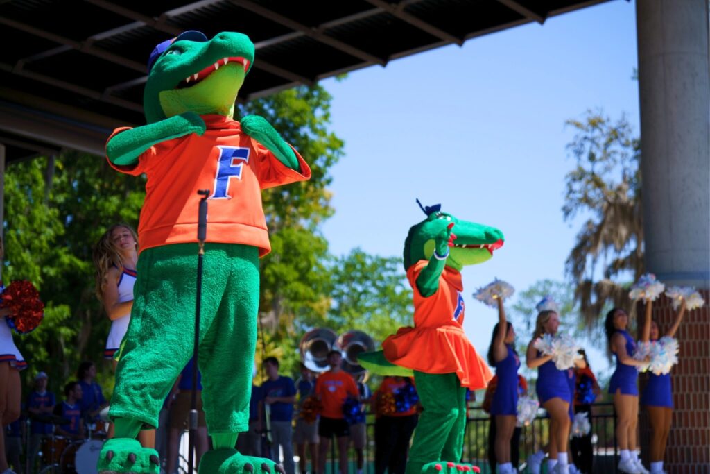 UF mascots Albert and Alberta Gator at Tuesday's Welcome Home Rally celebrating the men's basketball team's national championship. Photo by Tim Rodriquez