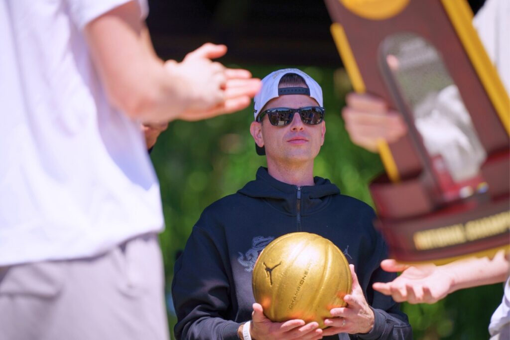 UF men's basketball coach Todd Golden at Tuesday's Welcome Home Rally. Photo by Tim Rodriquez