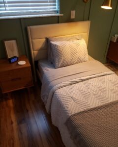 A bed used for survivors in Anew's residential program.