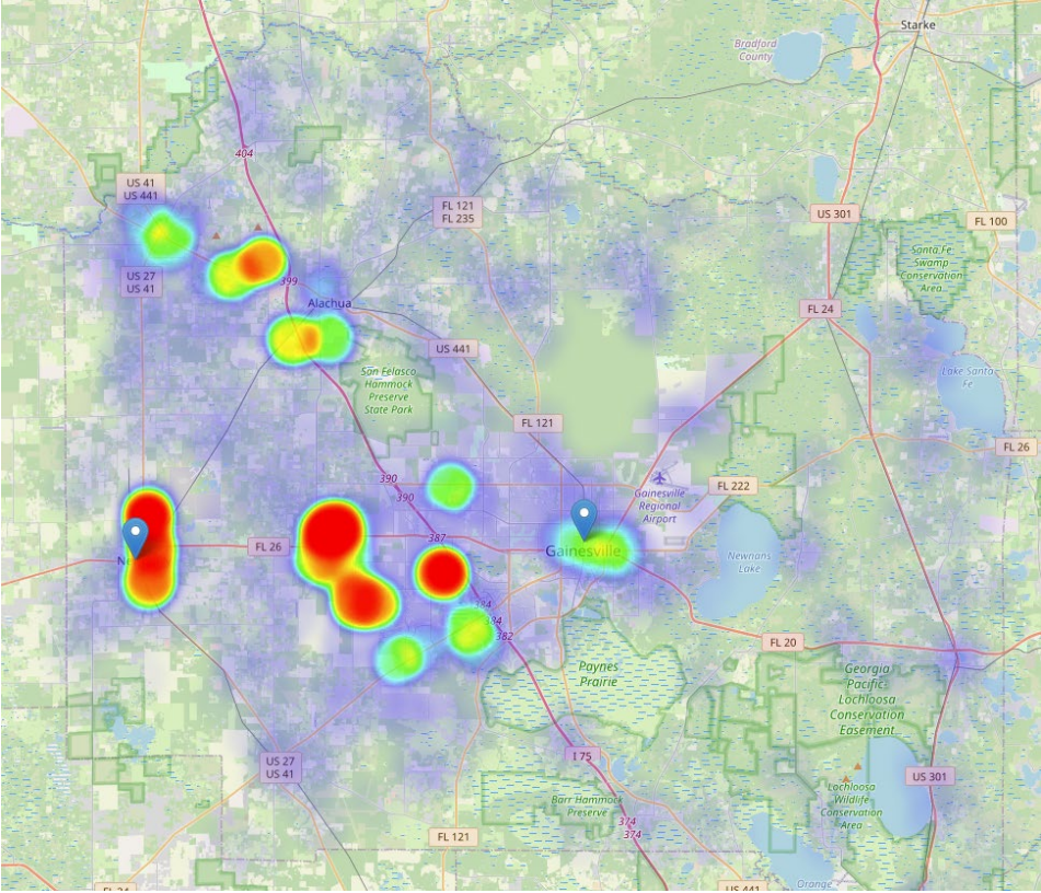 A heat map indicates the new construction values added since 2022 along with the current Alachua County Property Appraiser's Office in Gainesville and the proposed satellite location in Newberry.
