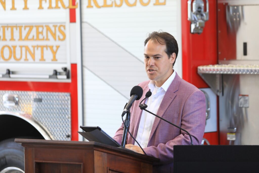 Assistant City Manager Rodolfo Valladares speaks at the opening of Fire Station 21. 