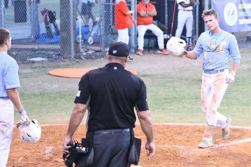 Chiefland's Trey Meeks (44) prepares to cross home plate after hitting a solo home run in the fifth inning against Trenton in game two of the Rural Region 4 Semifinals. Photo by C.J. Gish