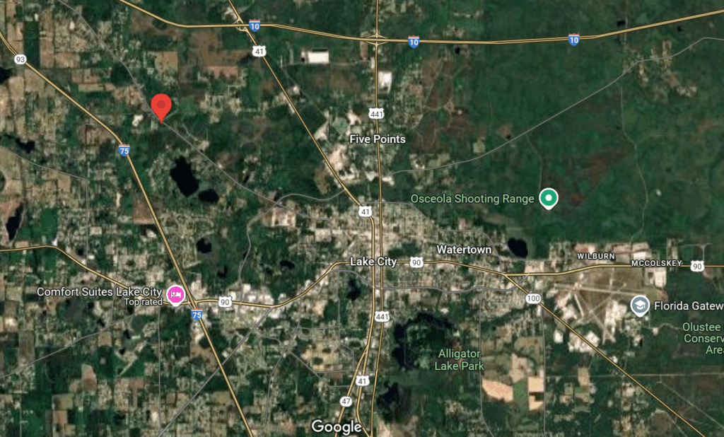 The crash, red pin, occurred northwest of Lake City at around 1 p.m.