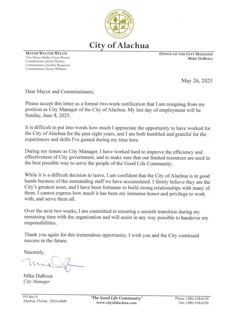 Alachua City Manager Mike DaRoza's letter of resignation from May 26.