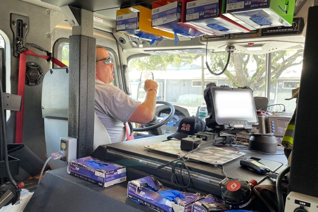 Kyle Livingston drives the fire truck from Station 29.