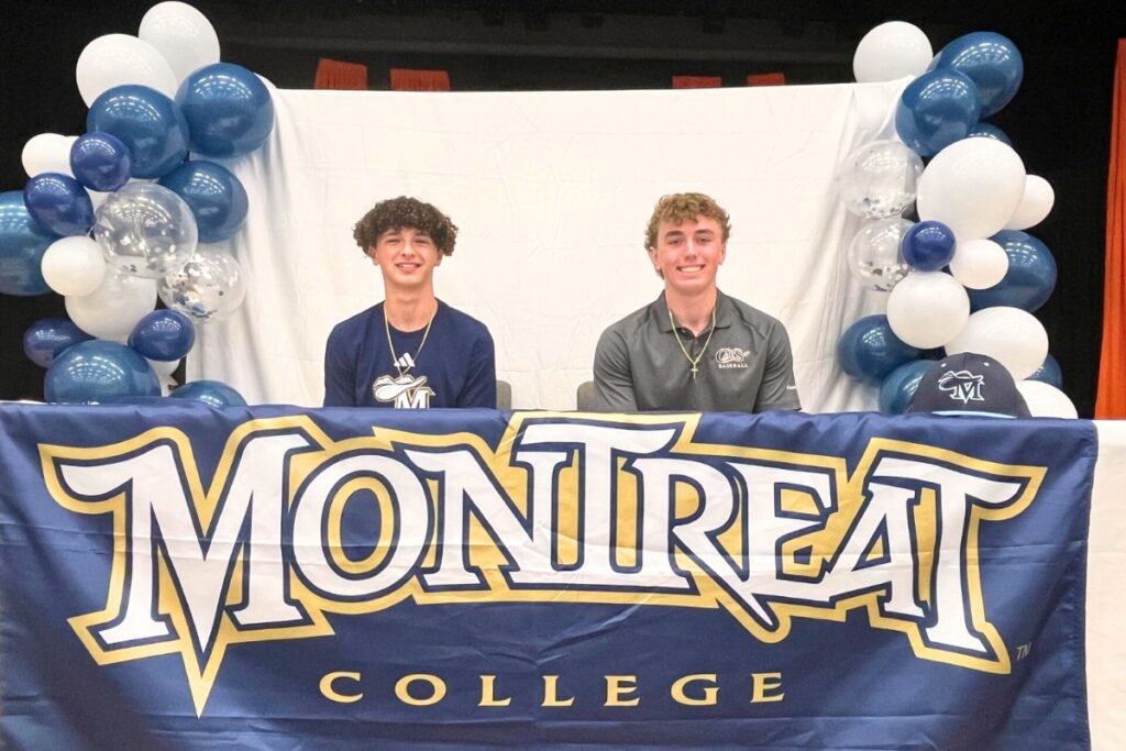 (From left) Trenton's Clark Hausner (basketball) and Brock Petrello (baseball) signed Monday to play at Montreat College. Photo by Mike Ridaught