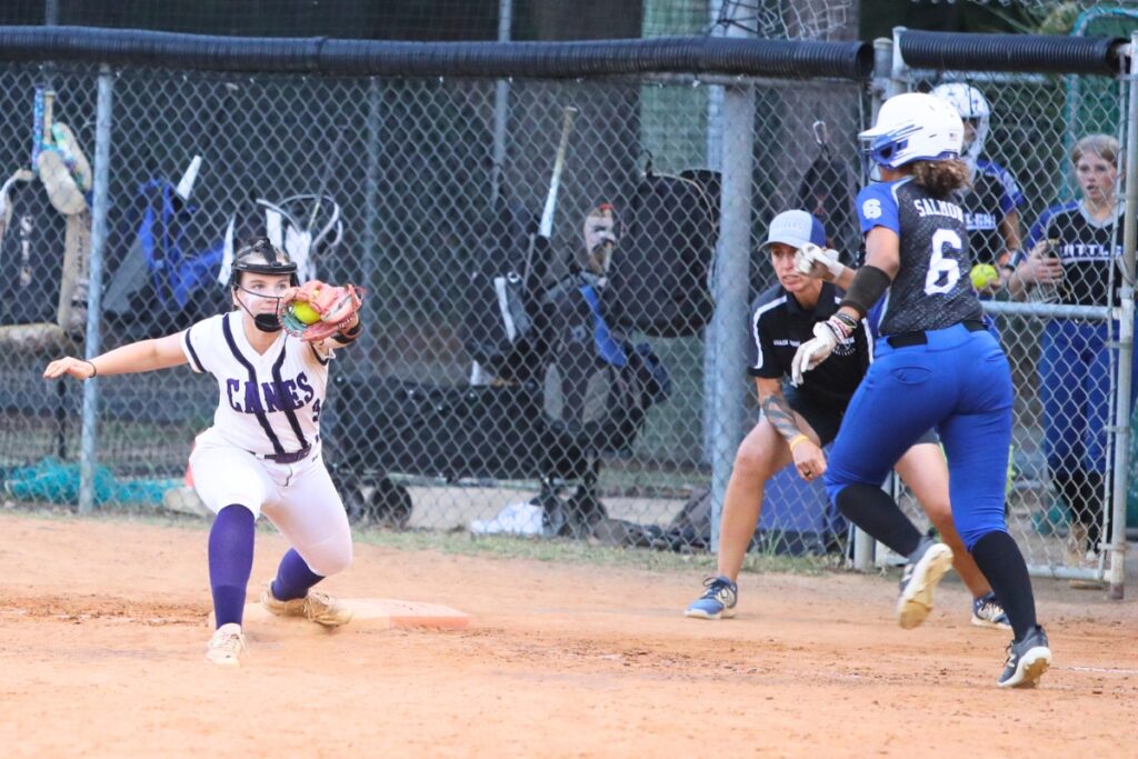 Gainesville's Adriana Koralewski snags a throw to first base for a fifth-inning out against Belleview in the 5A Region 2 Quarterfinals. Photo by C.J. Gish