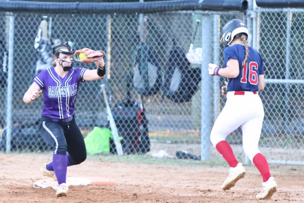 Gainesville's Emma Barton gets a fourth-inning out at first base against Springstead (Spring Hill) in the 5A Region 2 Semifinals. Photo by C.J. Gish