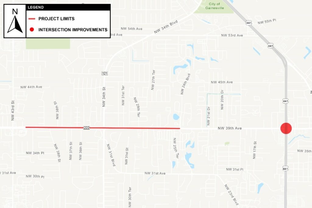 Resurfacing on NW 39th Avenue and intersection improvements at NW 13th Street (red dot) are projected to start the week of May 11. Courtesy of FDOT