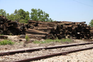 Stockpiled railroad ties at Track Line's operation off Newberry Lane. Photo by Lillian Hamman
