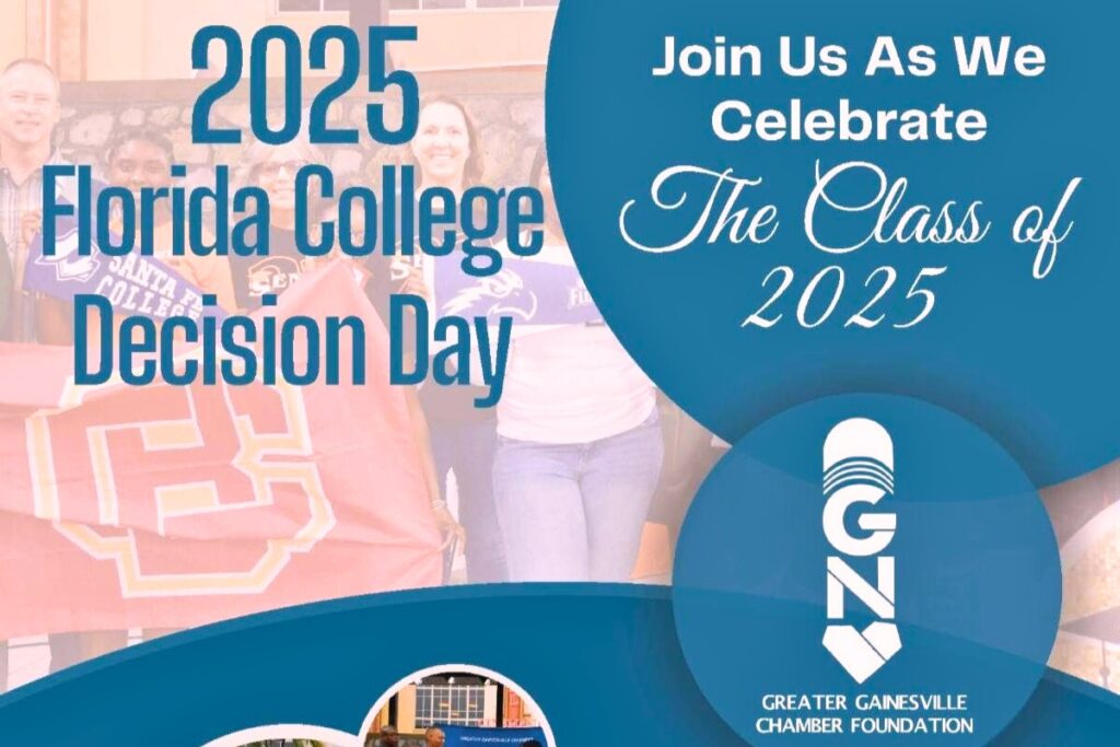 The Greater Gainesville Chamber Foundation will host the 2025 Florida College Decision Day celebrating high school graduates on Friday, May 9, at Celebration Pointe.