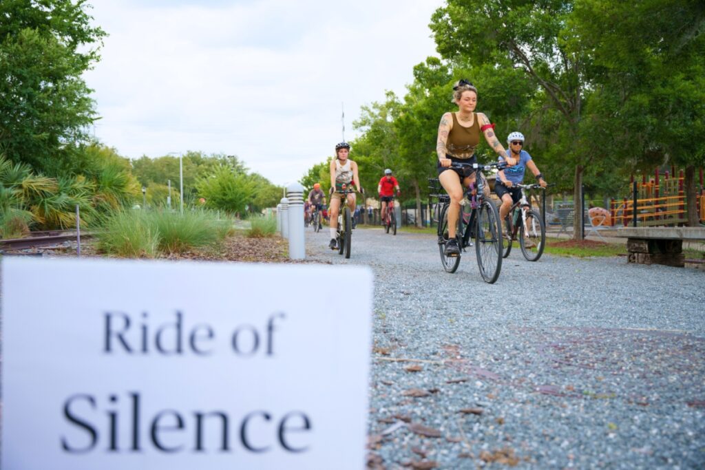 The Ride of Silence begins at the Share the Road Memorial in Gainesville's Depot Park on Wednesday. Photo by Tim Rodriquez