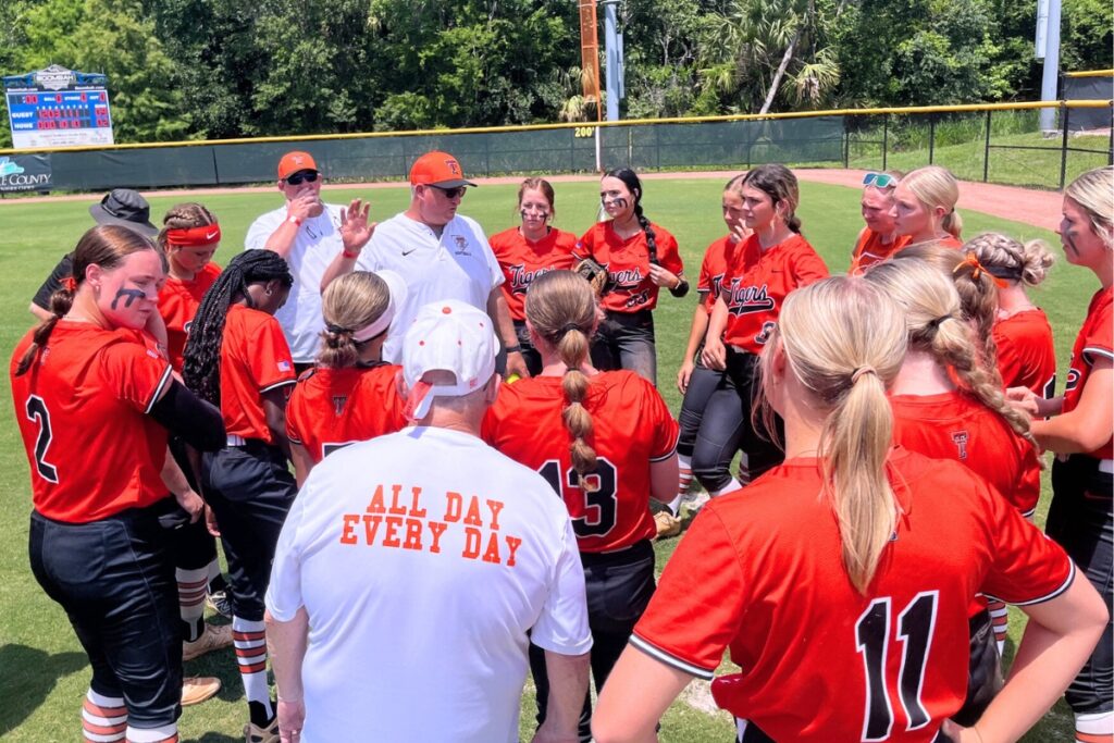 Trenton coach Kevin Benson talks to his team after the Tigers defeated Liberty County, 9-2, in the FHSAA Rural State Semifinals. Photo by Mike Ridaught
