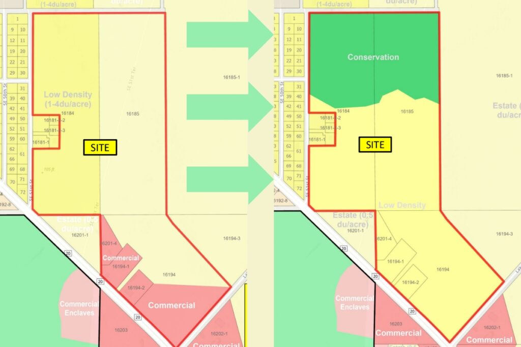 The land use will move from a mix of commercial, low density residential and estate conservation to low density residential and conservation.