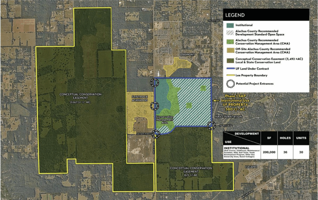 The conservation plan for the Lee property presented to Alachua County in 2023, showing a planned golf course.