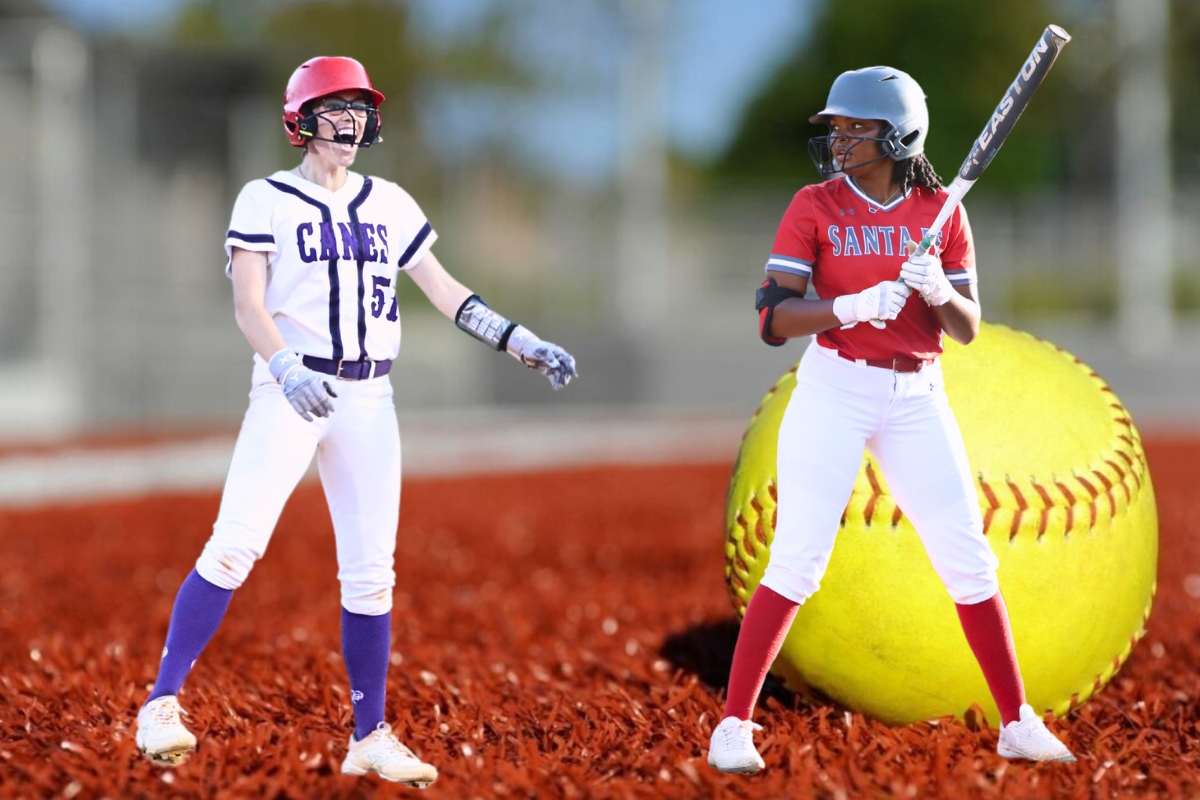 Gainesville's McKenna O'Sullivan (left) and Santa Fe's J&rsquo;lyn Guyden were selected to the 2025 Bosshardt Realty Big School All Area Softball Team. Graphic and photos by C.J. Gish